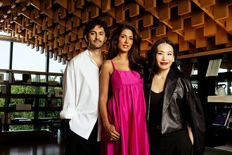 (Left to right) 2026 CFDA | Genesis House AAPI Design + Innovation Grant recipients Saber Ahmed, Azeeza Khan and Shao Yang at Genesis House in New York City. (Photo: Genesis House)